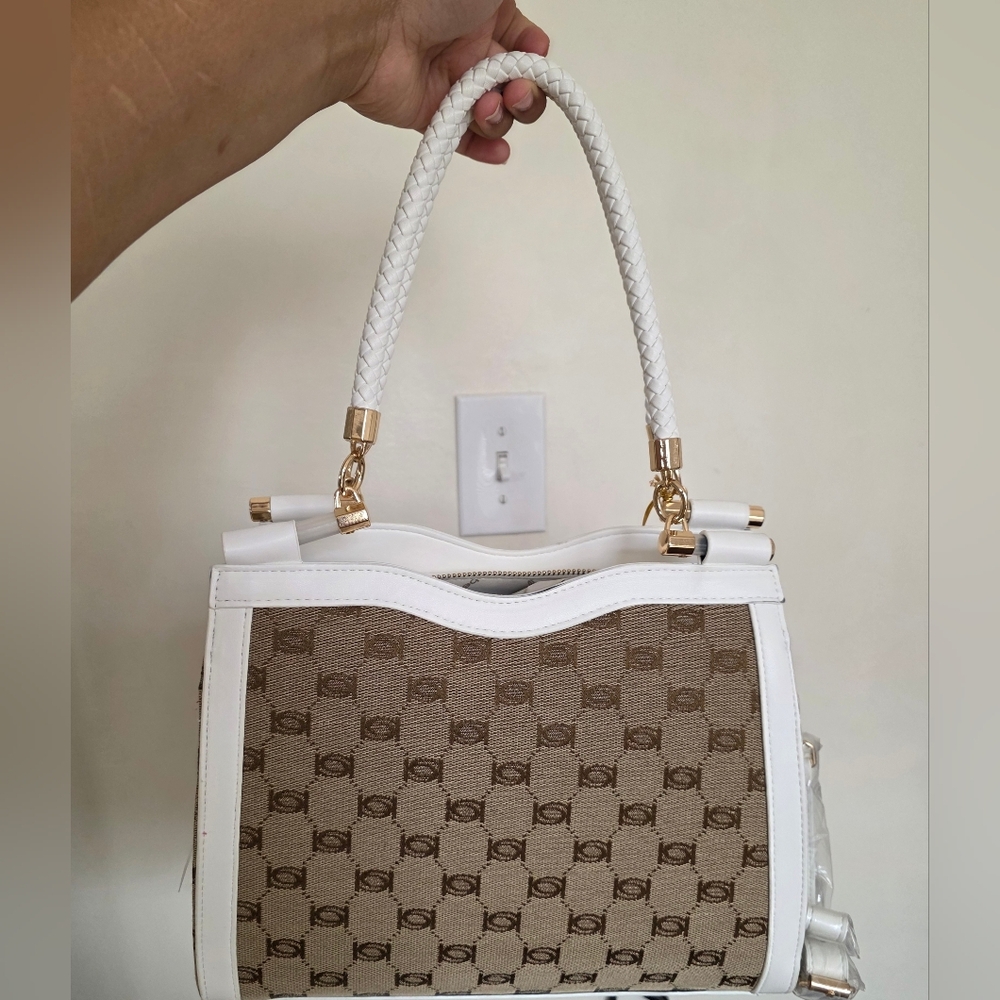 ☆BEBE AGATHE JACQUARD CRYSTAL SATCHEL White & Gold Bronze Tote Bag☆ - Picture 5 of 7